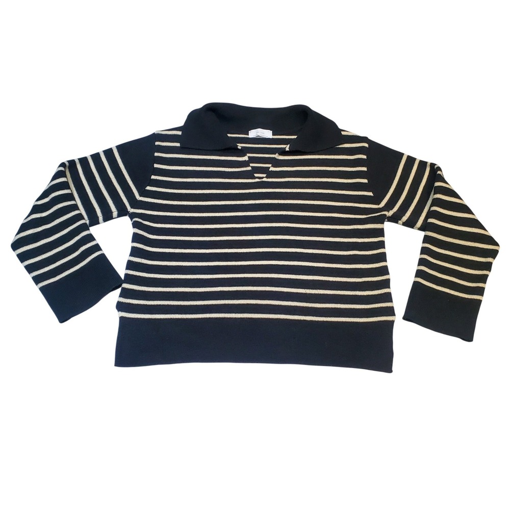 OAK + FORT Women's Striped Collared Polo Sweater Size S Black‎ Cream Minimalist